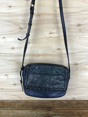 FOSSIL Aria Crossbody Purse Navy Blue Leather Studded Small Shoulder Bag READ